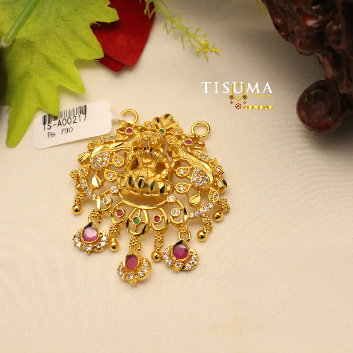 Tisuma Jewels traditional Lakshmi peacock pendant with pink green and white stones