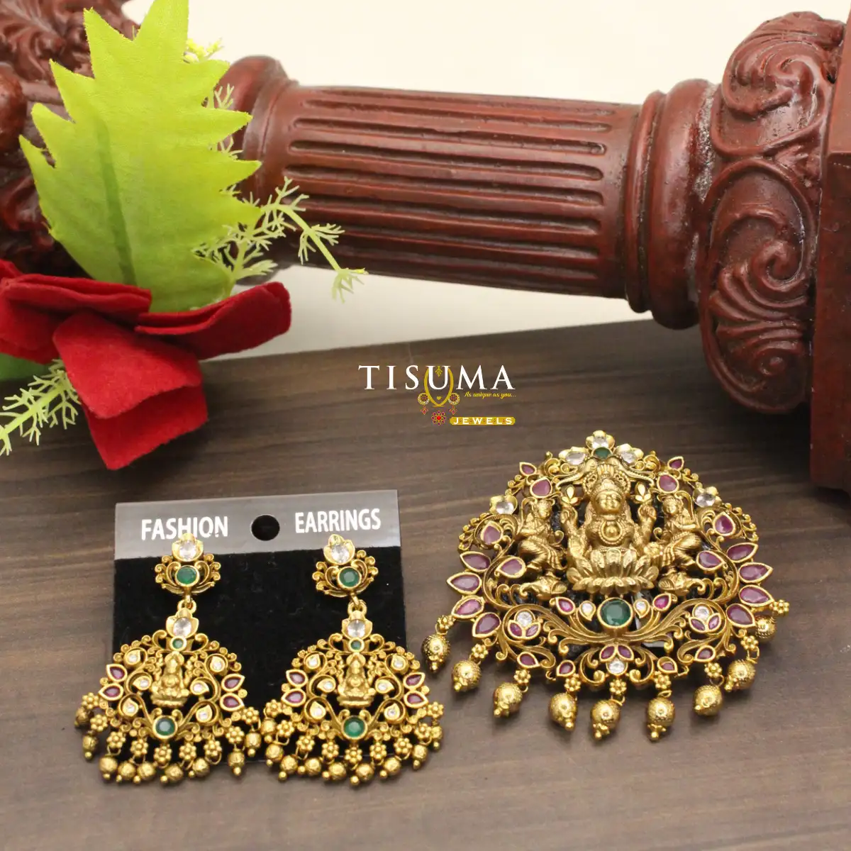 Tisuma Jewels antique Lakshmi temple pendant with pink and green stones and matching earrings