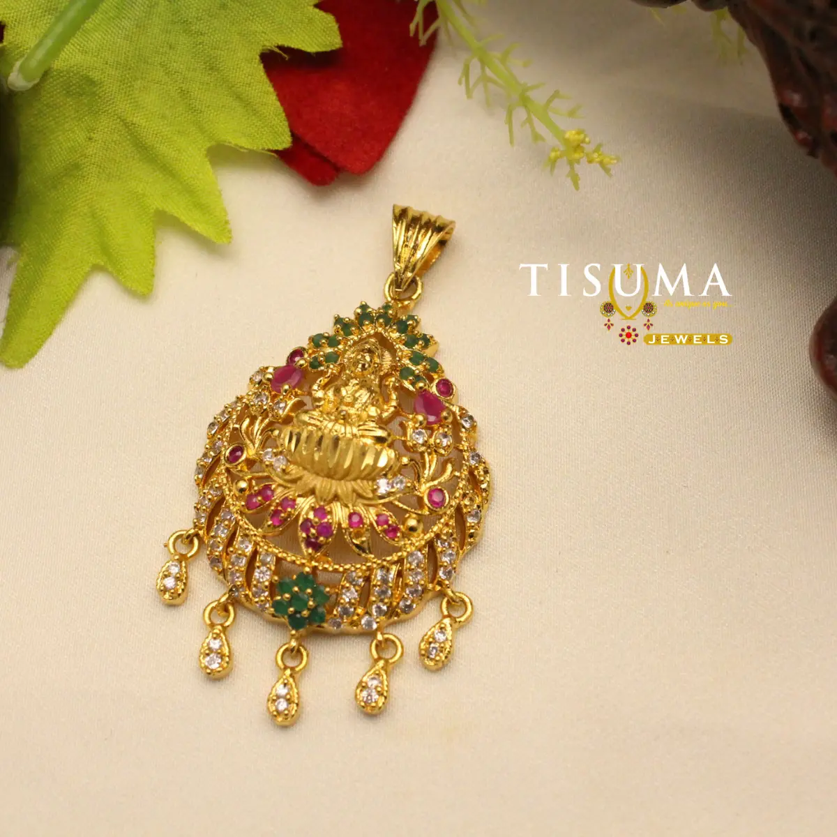 TISUMA JEWELS traditional peacock design pendant with red green and white stones
