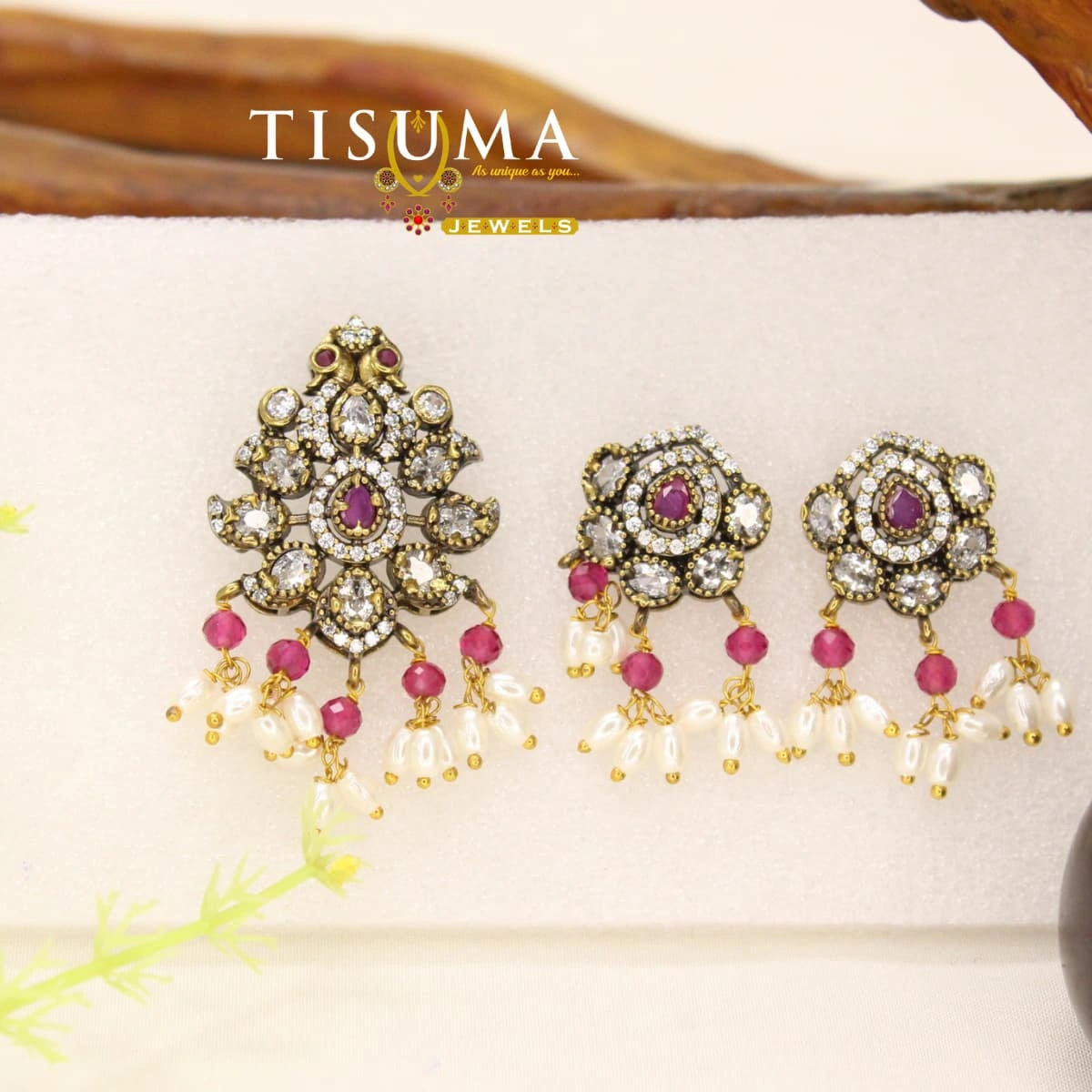 Tisuma ruby pink kundan pendant set with matching earrings