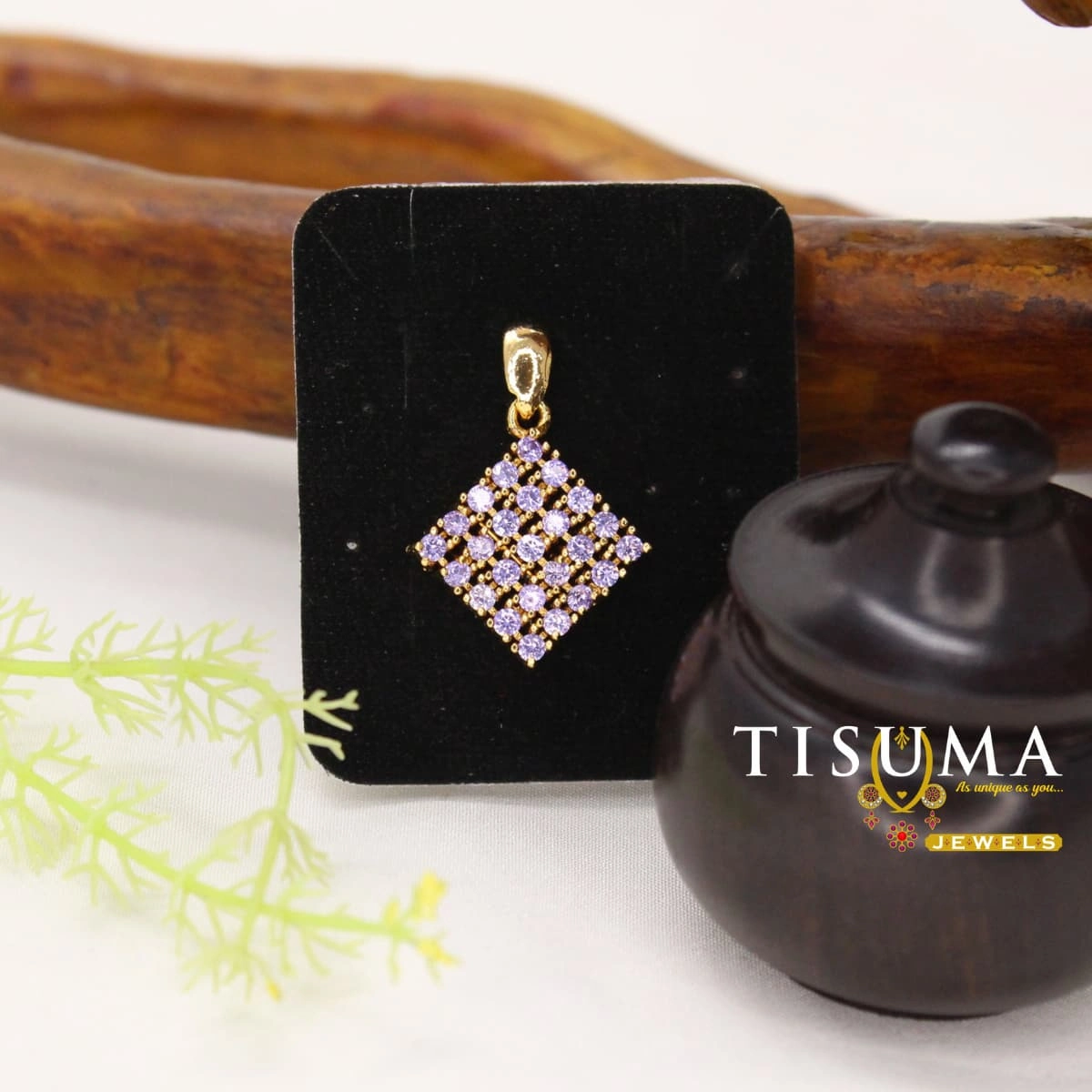 Lavender purple stone diamond-shaped pendant by Tisuma Jewels