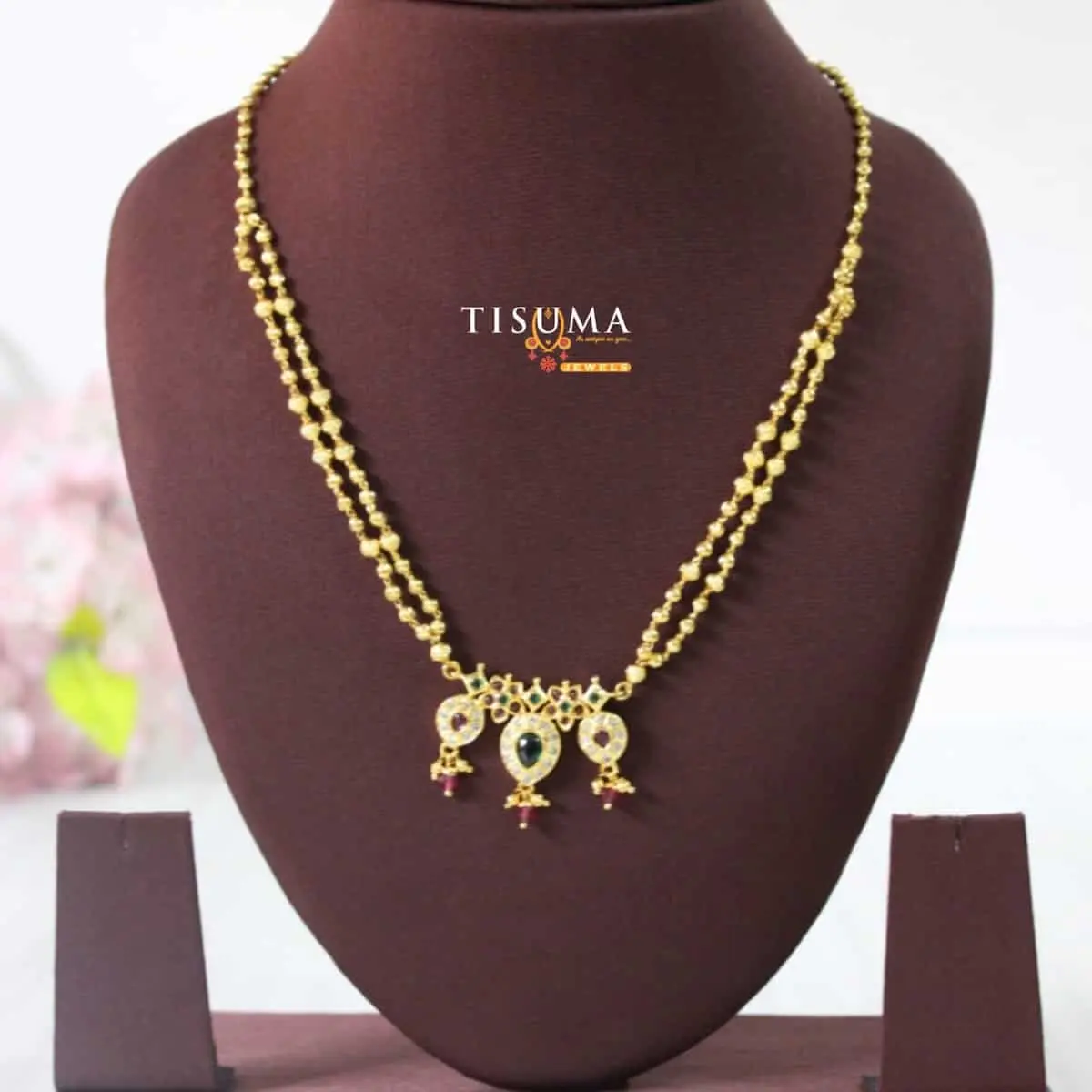Tisuma Jewels one gram gold forming double ball chain with green and pink stone pendant