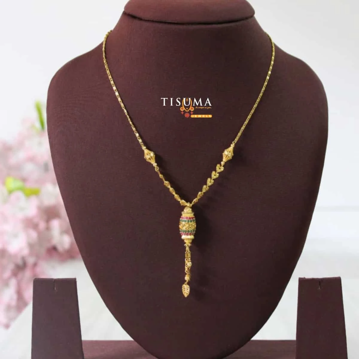 Tisuma Jewels one gram gold forming chain with multicolour cylindrical bead pendant