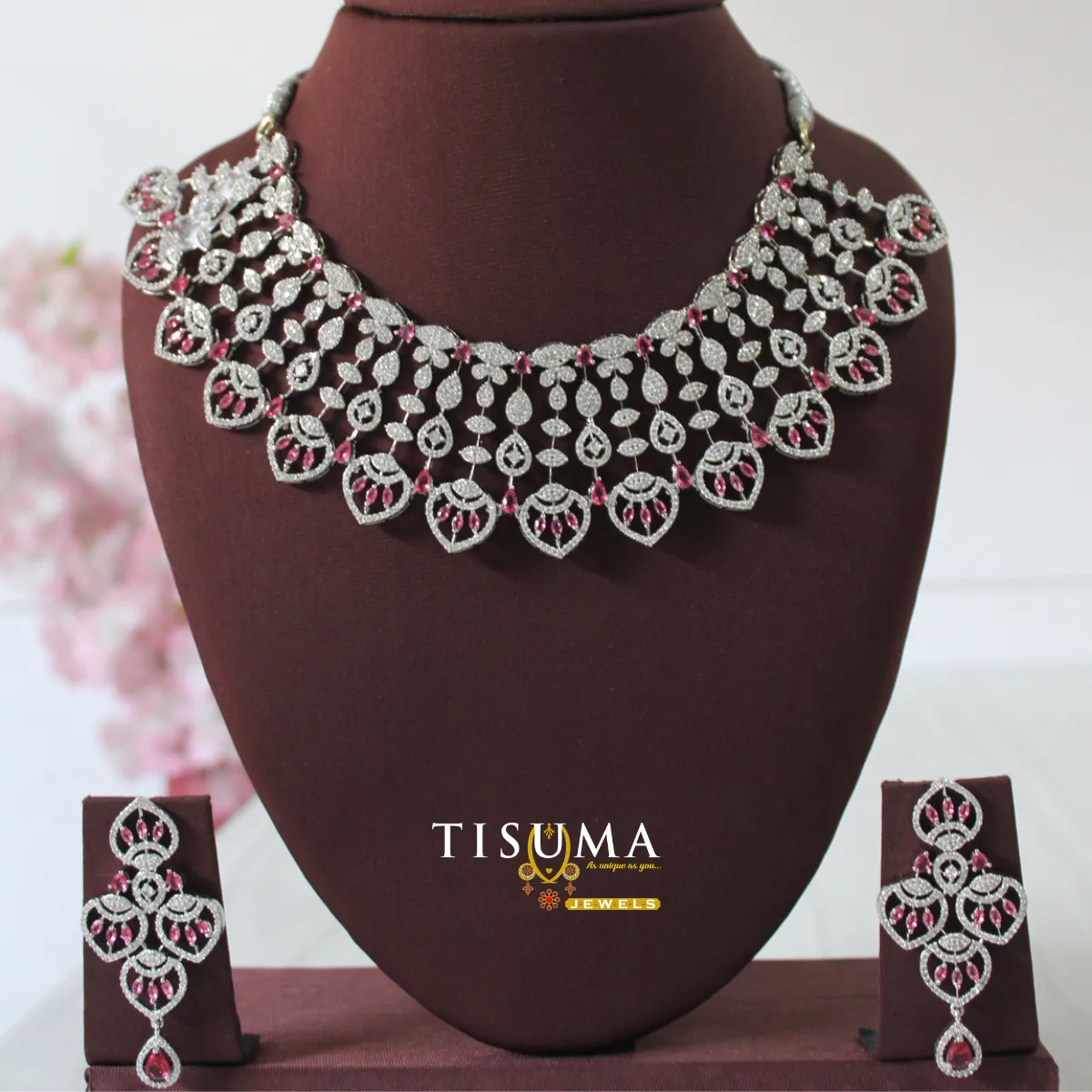 AD  Necklace-Ruby pink stone